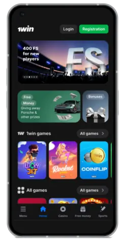 Screenshot of the 1win mobile app homepage in India